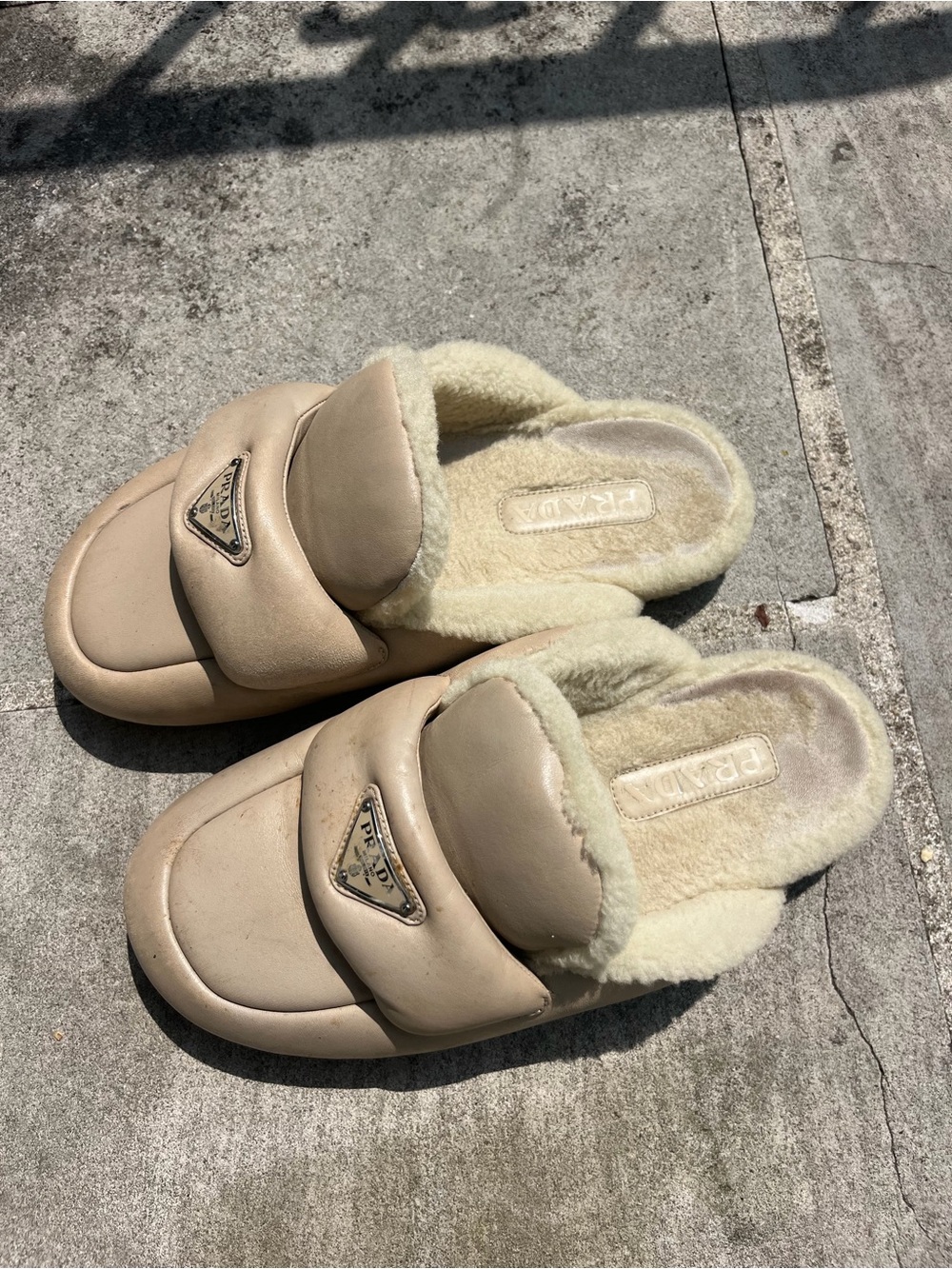 Prada Beige Cream Shearling Slide Slippers